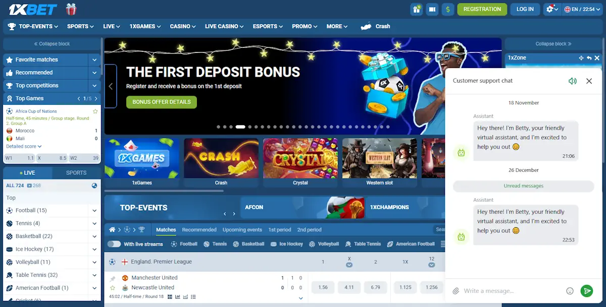 1xBet Casino and Sportsbook and Live chat Screenshot